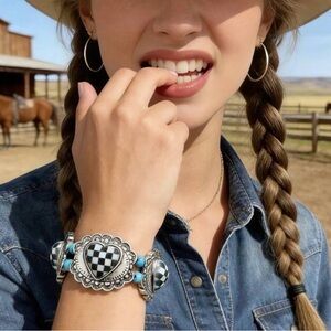 Western heart Bracelet checkered turquoise bracelet Cowgirl Style Cowboy Style